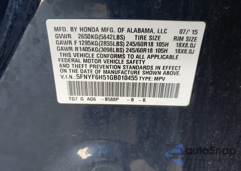 2016 Honda Pilot Ex-L from USA, damaged, VIN 5FNYF6H51GB010455